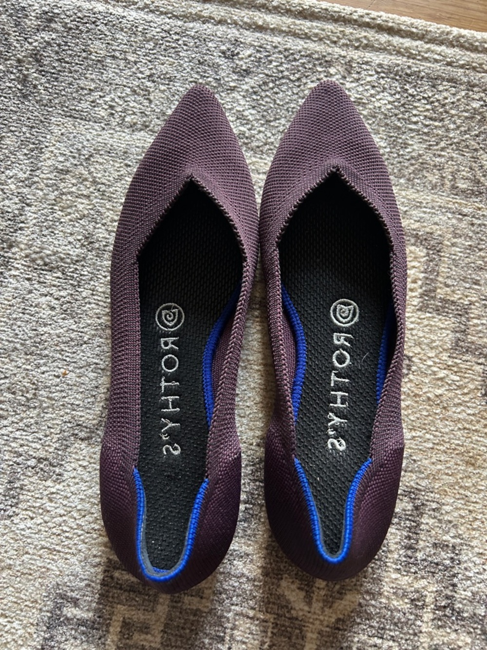 Rothy's Pointed-Toe Knit Flats in Plum with Blue Trim
